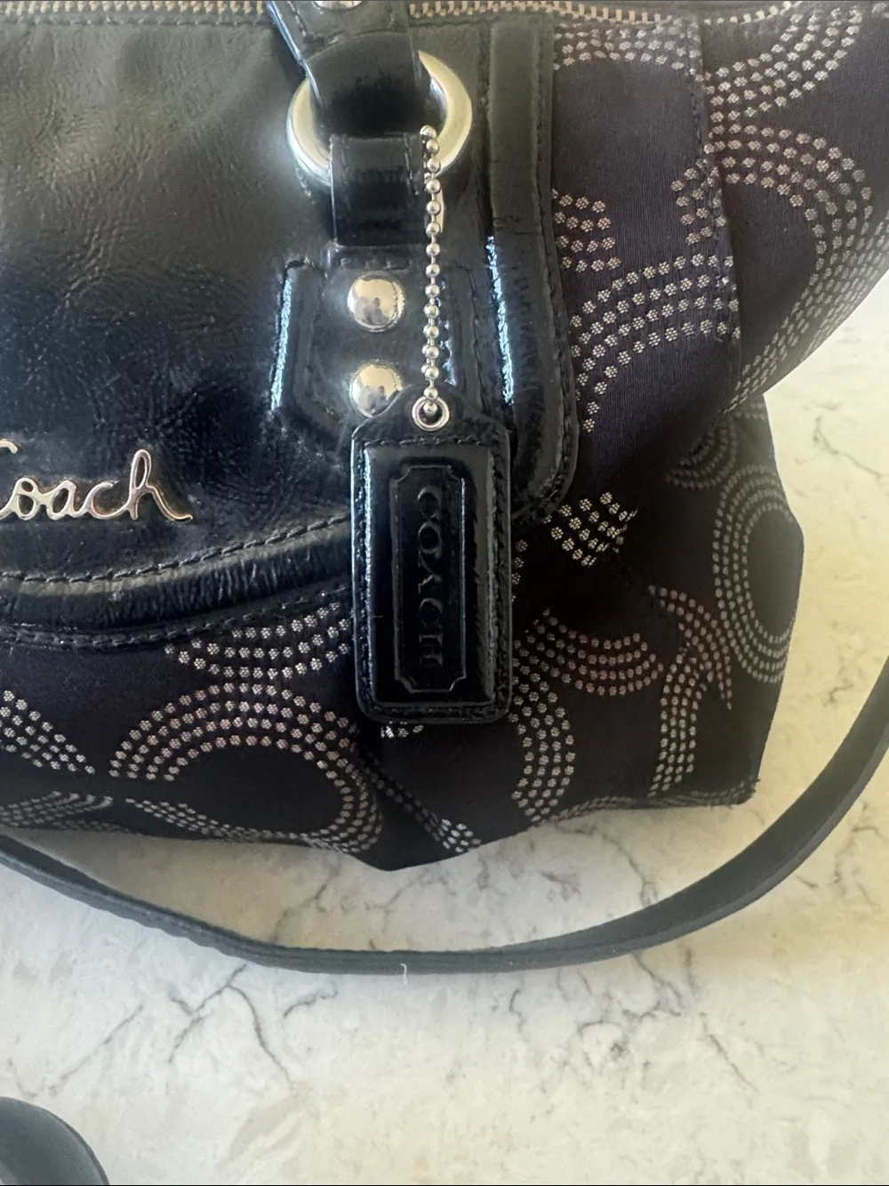 COACH Ashley Op Dot Black Signature Canvas Shoulder Satchel with Leather Trim